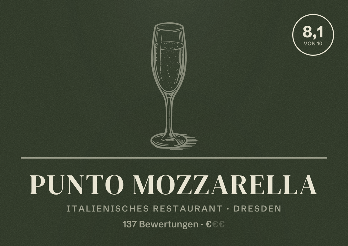 Illustriertes Poster von Punto Mozzarella, Italienisches Restaurant in Dresden: Bewertung 8,1 von 10 aus 137 Bewertungen, Preisniveau €