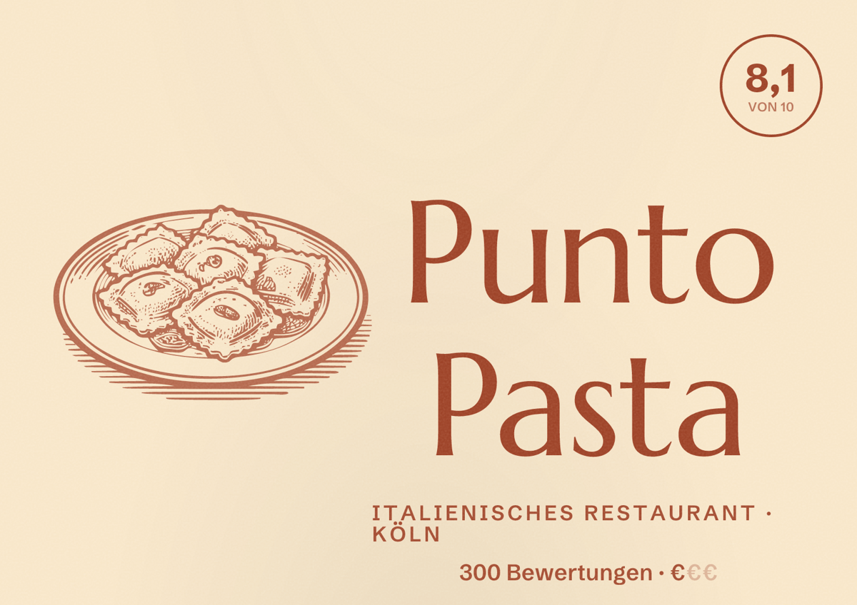 Illustriertes Poster von Punto Pasta, Italienisches Restaurant in Köln: Bewertung 8,1 von 10 aus 300 Bewertungen, Preisniveau €