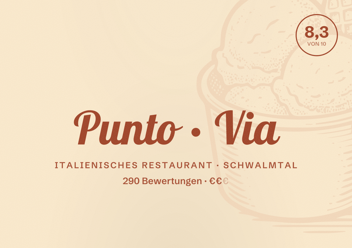 Illustriertes Poster von Punto Via, Italienisches Restaurant in Schwalmtal: Bewertung 8,3 von 10 aus 290 Bewertungen, Preisniveau €€