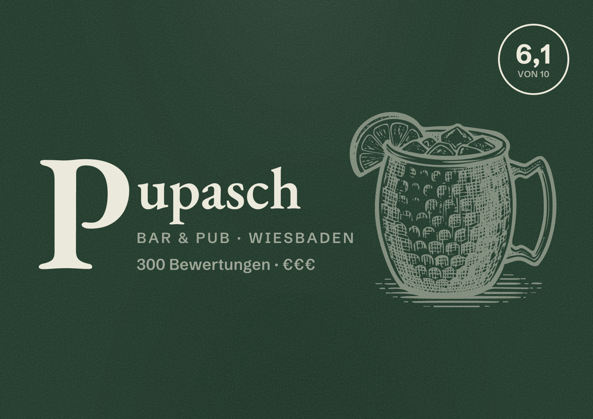 Illustriertes Poster von Pupasch, Bar & Pub in Wiesbaden: Bewertung 6,1 von 10 aus 300 Bewertungen, Preisniveau €€€