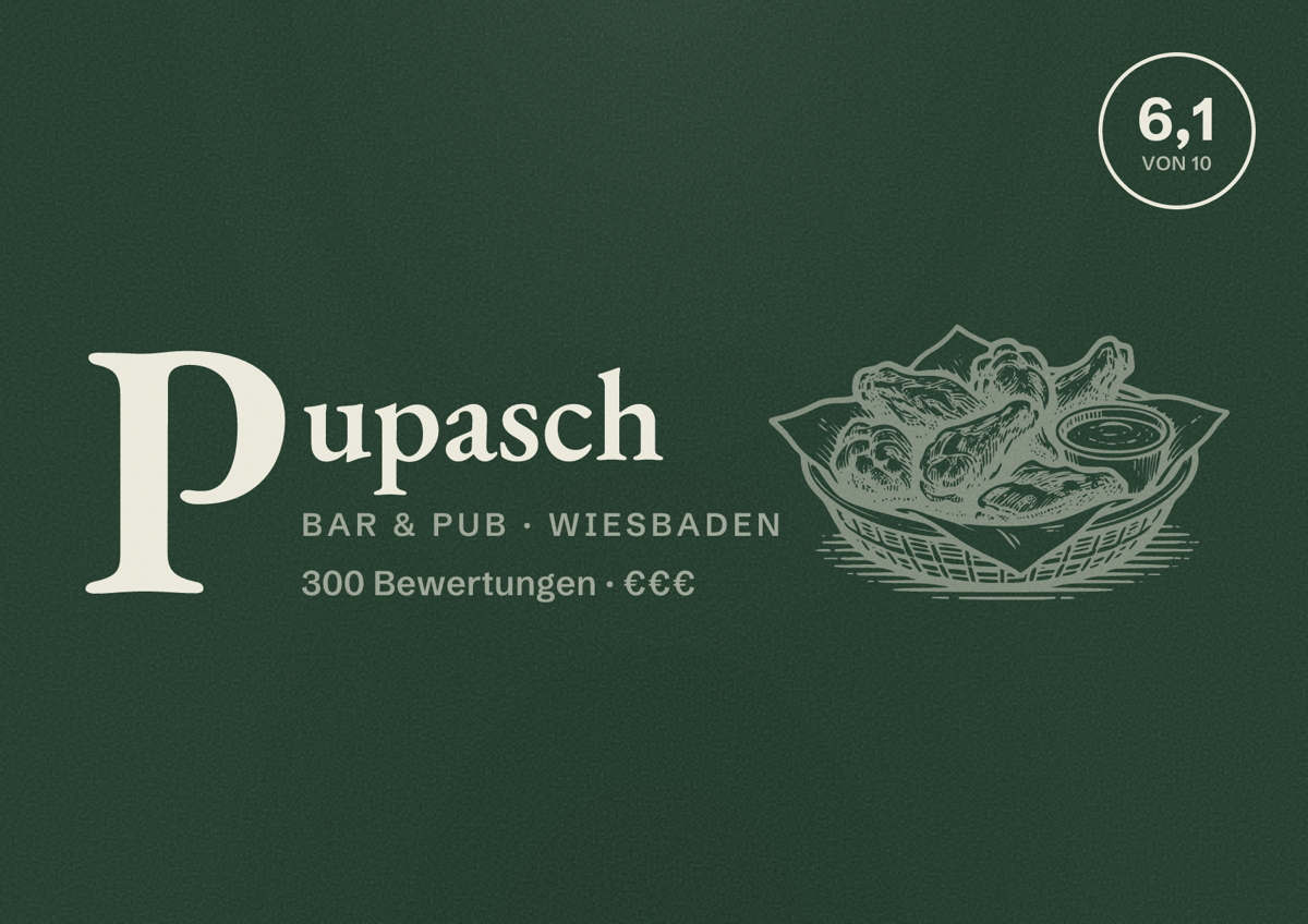 Illustriertes Poster von Pupasch, Bar & Pub in Wiesbaden: Bewertung 6,1 von 10 aus 300 Bewertungen, Preisniveau €€€