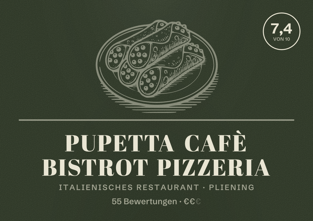 Illustriertes Poster von Pupetta Cafè Bistrot Pizzeria, Italienisches Restaurant in Pliening: Bewertung 7,4 von 10 aus 55 Bewertungen, Preisniveau €€