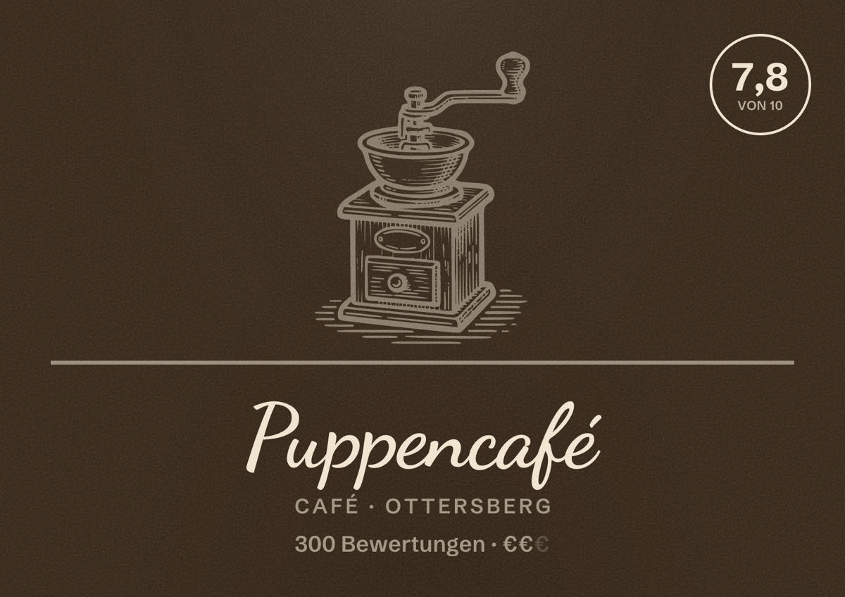 Illustriertes Poster von Puppencafé, Café in Ottersberg: Bewertung 7,8 von 10 aus 300 Bewertungen, Preisniveau €€