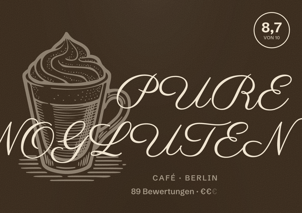 Illustriertes Poster von PURE NOGLUTEN, Café in Berlin: Bewertung 8,7 von 10 aus 89 Bewertungen, Preisniveau €€