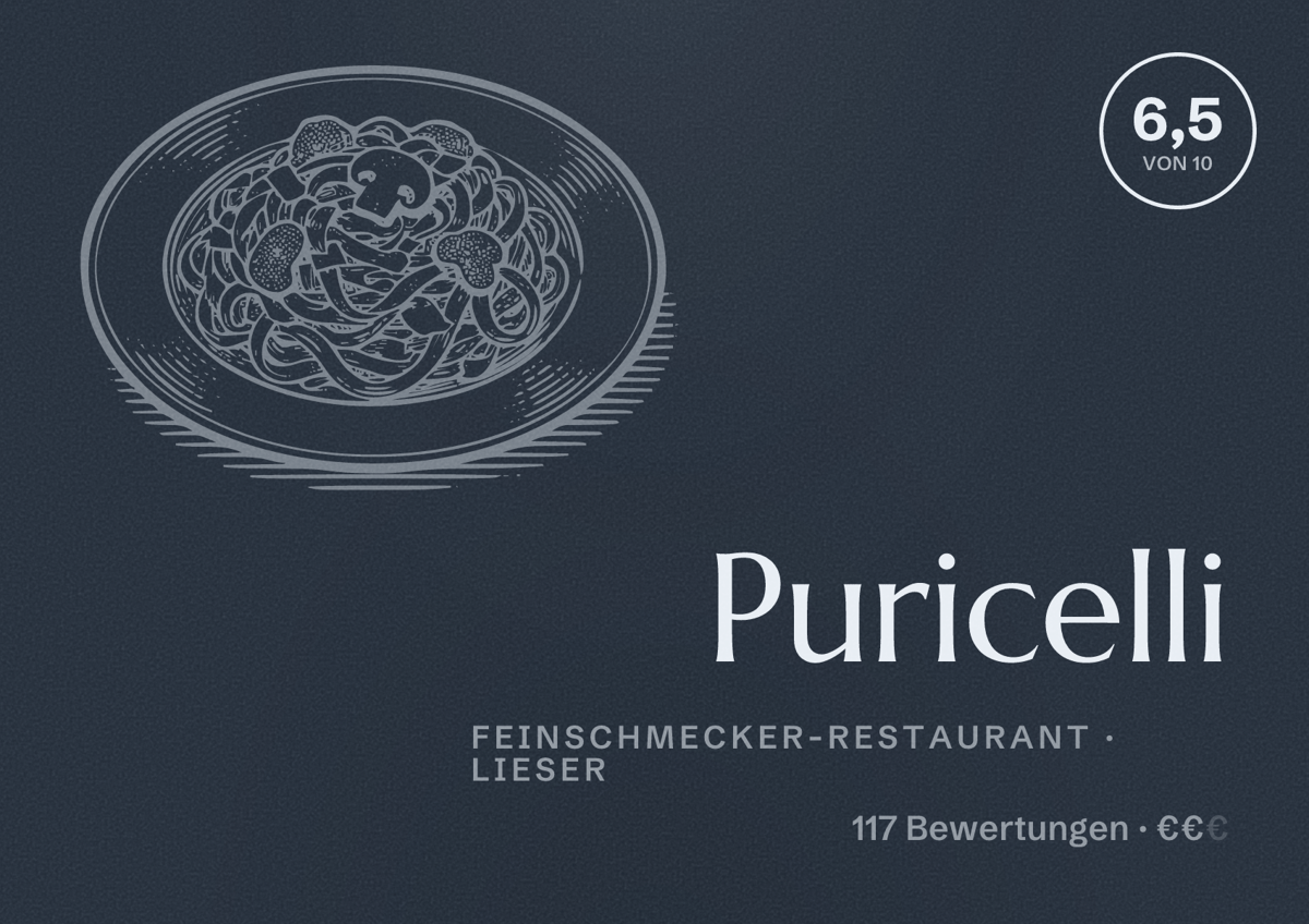 Illustriertes Poster von Puricelli, Feinschmecker-Restaurant in Lieser: Bewertung 6,5 von 10 aus 117 Bewertungen, Preisniveau €€