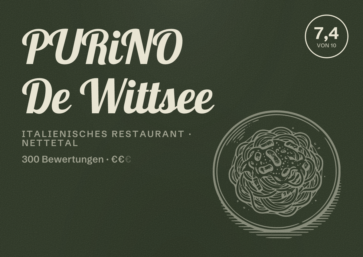Illustriertes Poster von PURiNO De Wittsee, Italienisches Restaurant in Nettetal: Bewertung 7,4 von 10 aus 300 Bewertungen, Preisniveau €€