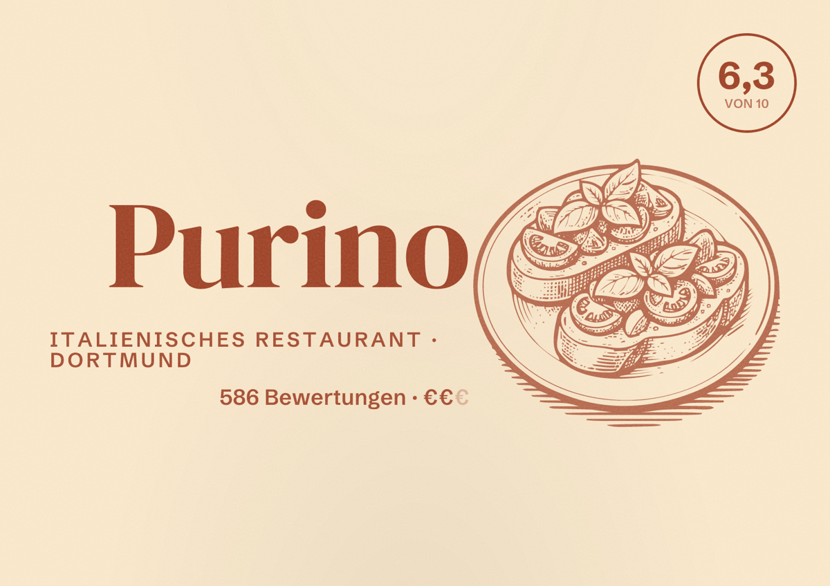 Illustriertes Poster von Purino, Italienisches Restaurant in Dortmund: Bewertung 6,3 von 10 aus 586 Bewertungen, Preisniveau €€