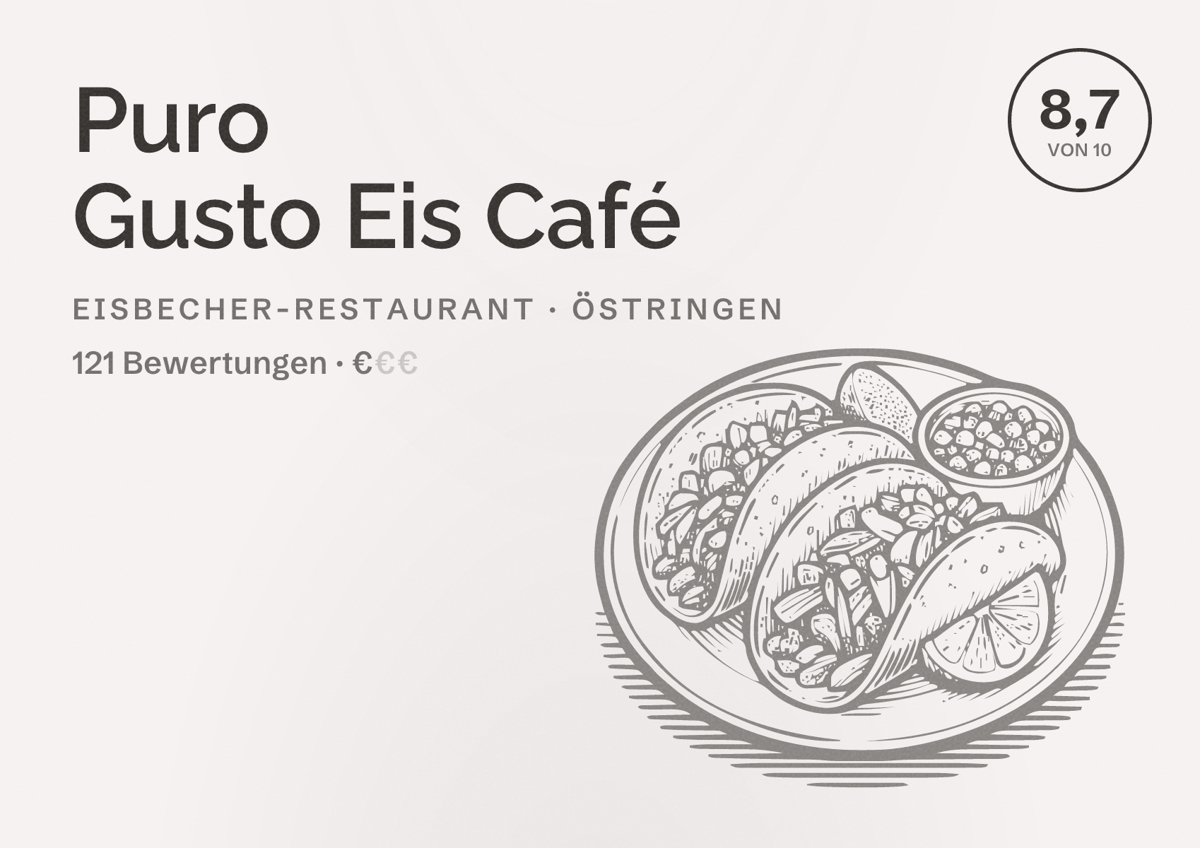 Illustriertes Poster von Puro Gusto Eis Café, Eisbecher-Restaurant in Östringen: Bewertung 8,7 von 10 aus 121 Bewertungen, Preisniveau €