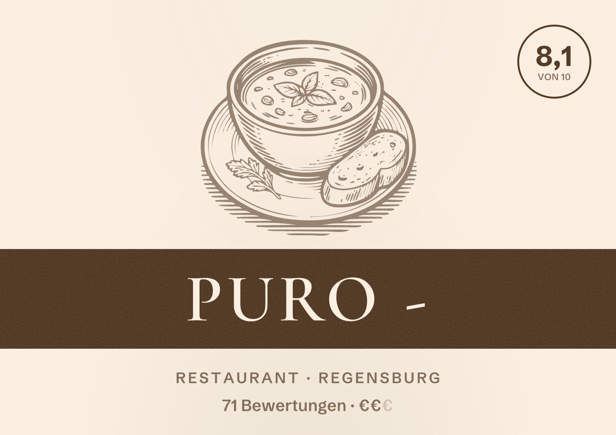 Illustriertes Poster von Puro -, Restaurant in Regensburg: Bewertung 8,1 von 10 aus 71 Bewertungen, Preisniveau €€
