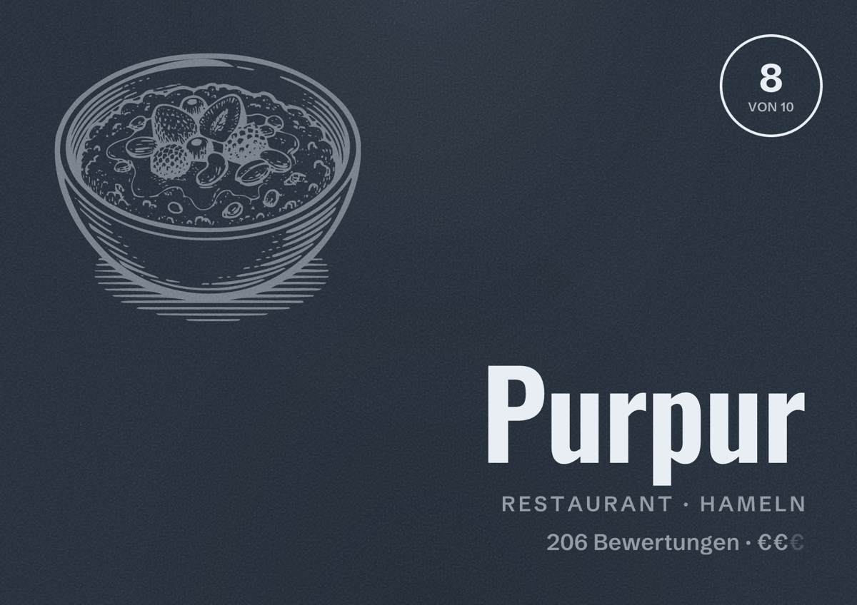 Illustriertes Poster von Purpur, Restaurant in Hameln: Bewertung 8 von 10 aus 206 Bewertungen, Preisniveau €€