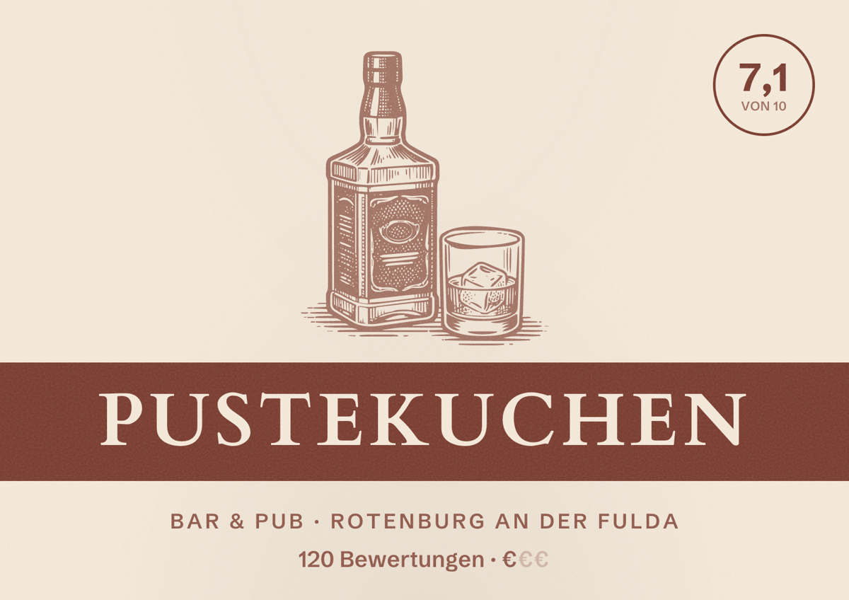 Illustriertes Poster von Pustekuchen, Bar & Pub in Rotenburg an der Fulda: Bewertung 7,1 von 10 aus 120 Bewertungen, Preisniveau €