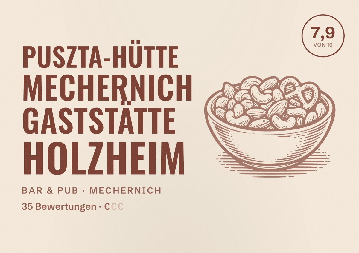 Illustriertes Poster von Puszta-Hütte Mechernich Gaststätte Holzheim, Bar & Pub in Mechernich: Bewertung 7,9 von 10 aus 35 Bewertungen, Preisniveau €