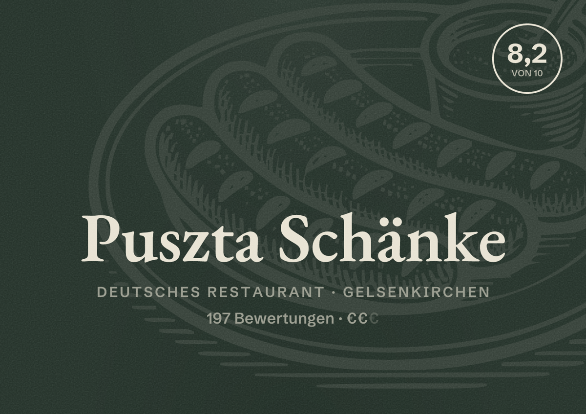 Illustriertes Poster von Puszta Schänke, Deutsches Restaurant in Gelsenkirchen: Bewertung 8,2 von 10 aus 197 Bewertungen, Preisniveau €€