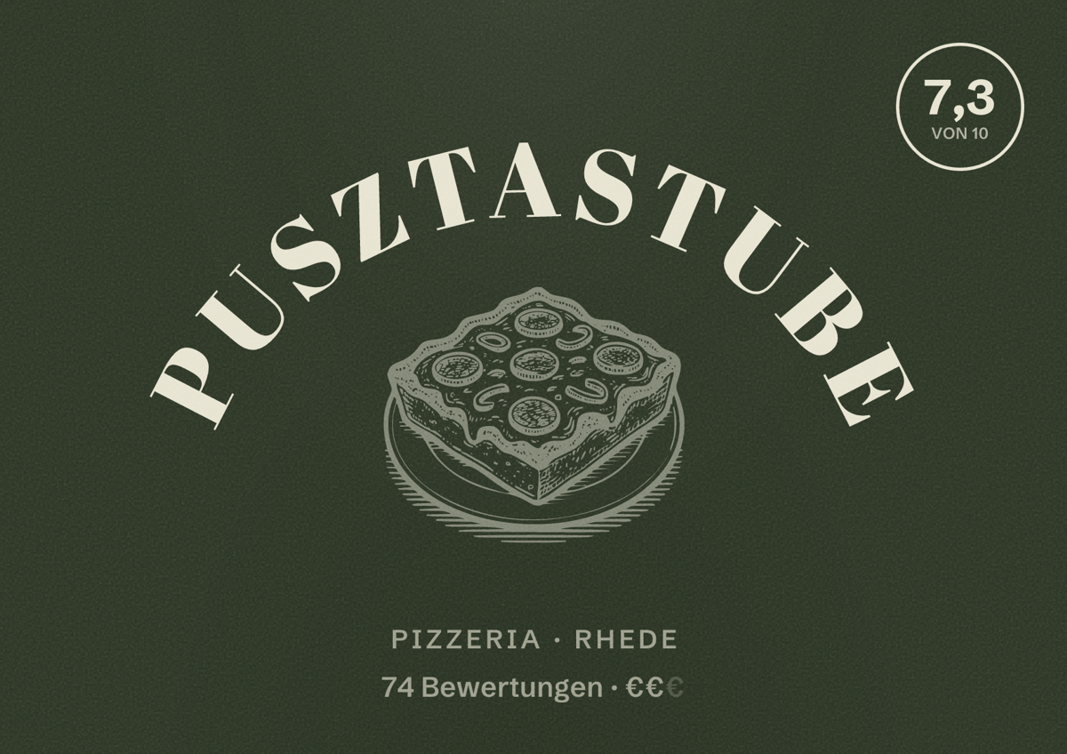 Illustriertes Poster von Pusztastube, Pizzeria in Rhede: Bewertung 7,3 von 10 aus 74 Bewertungen, Preisniveau €€