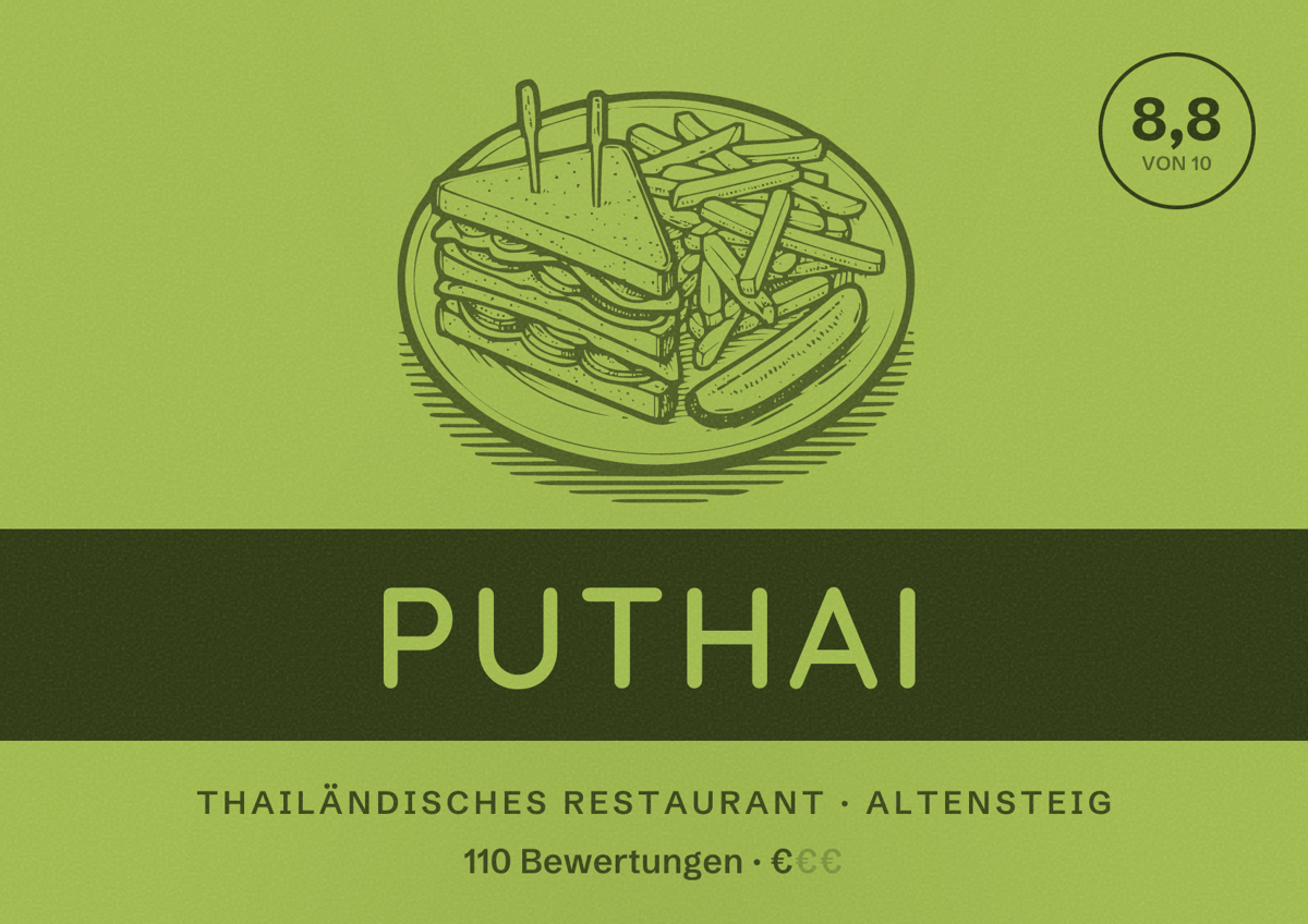 Illustriertes Poster von PuThai, Thailändisches Restaurant in Altensteig: Bewertung 8,8 von 10 aus 110 Bewertungen, Preisniveau €