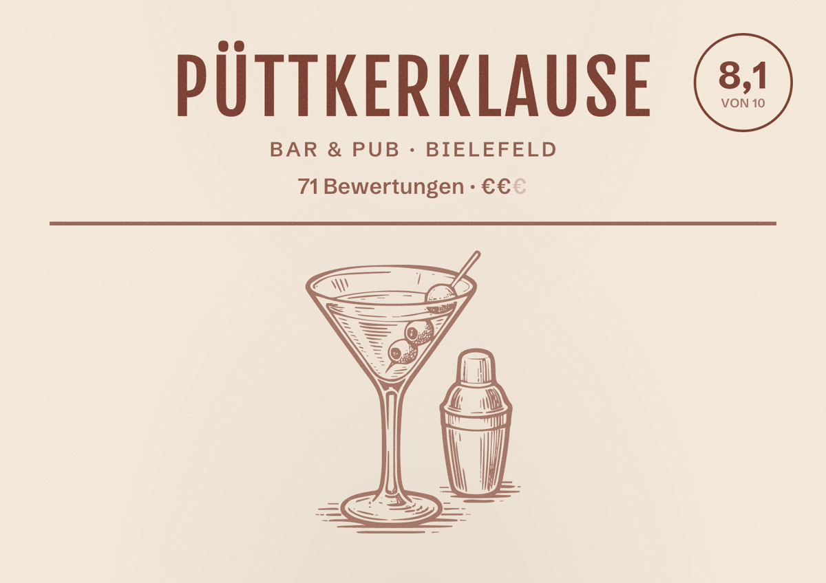 Illustriertes Poster von Püttkerklause, Bar & Pub in Bielefeld: Bewertung 8,1 von 10 aus 71 Bewertungen, Preisniveau €€