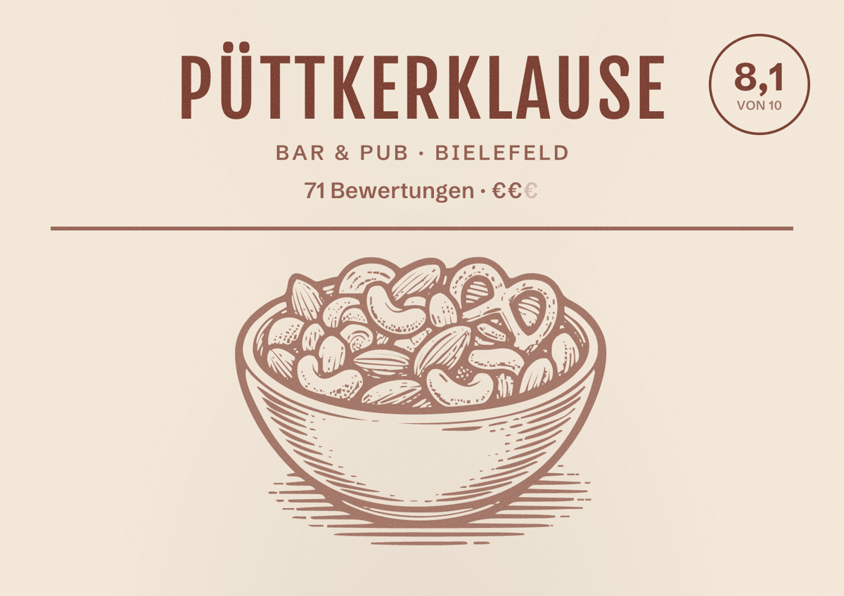 Illustriertes Poster von Püttkerklause, Bar & Pub in Bielefeld: Bewertung 8,1 von 10 aus 71 Bewertungen, Preisniveau €€