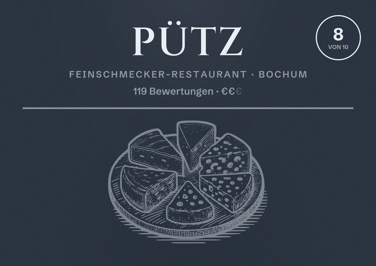 Illustriertes Poster von Pütz, Feinschmecker-Restaurant in Bochum: Bewertung 8 von 10 aus 119 Bewertungen, Preisniveau €€