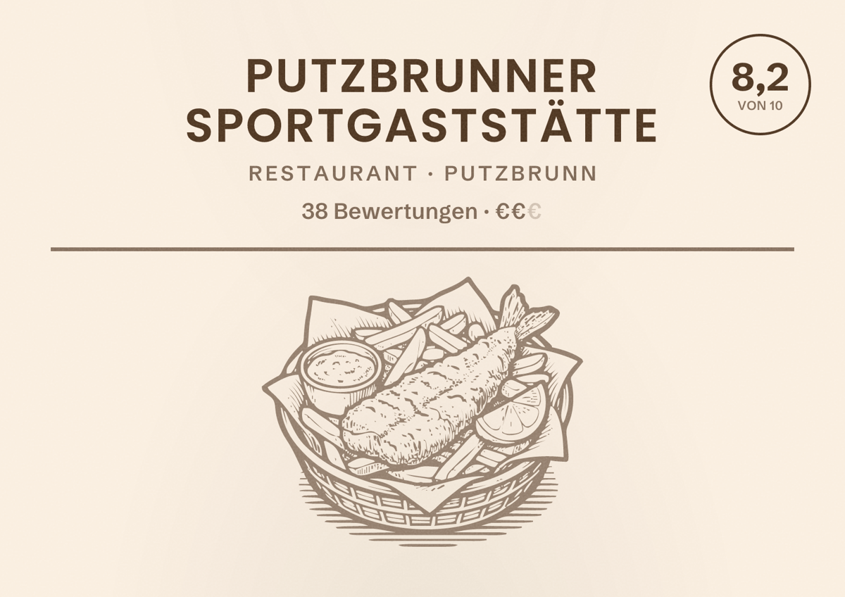Illustriertes Poster von Putzbrunner Sportgaststätte, Restaurant in Putzbrunn: Bewertung 8,2 von 10 aus 38 Bewertungen, Preisniveau €€
