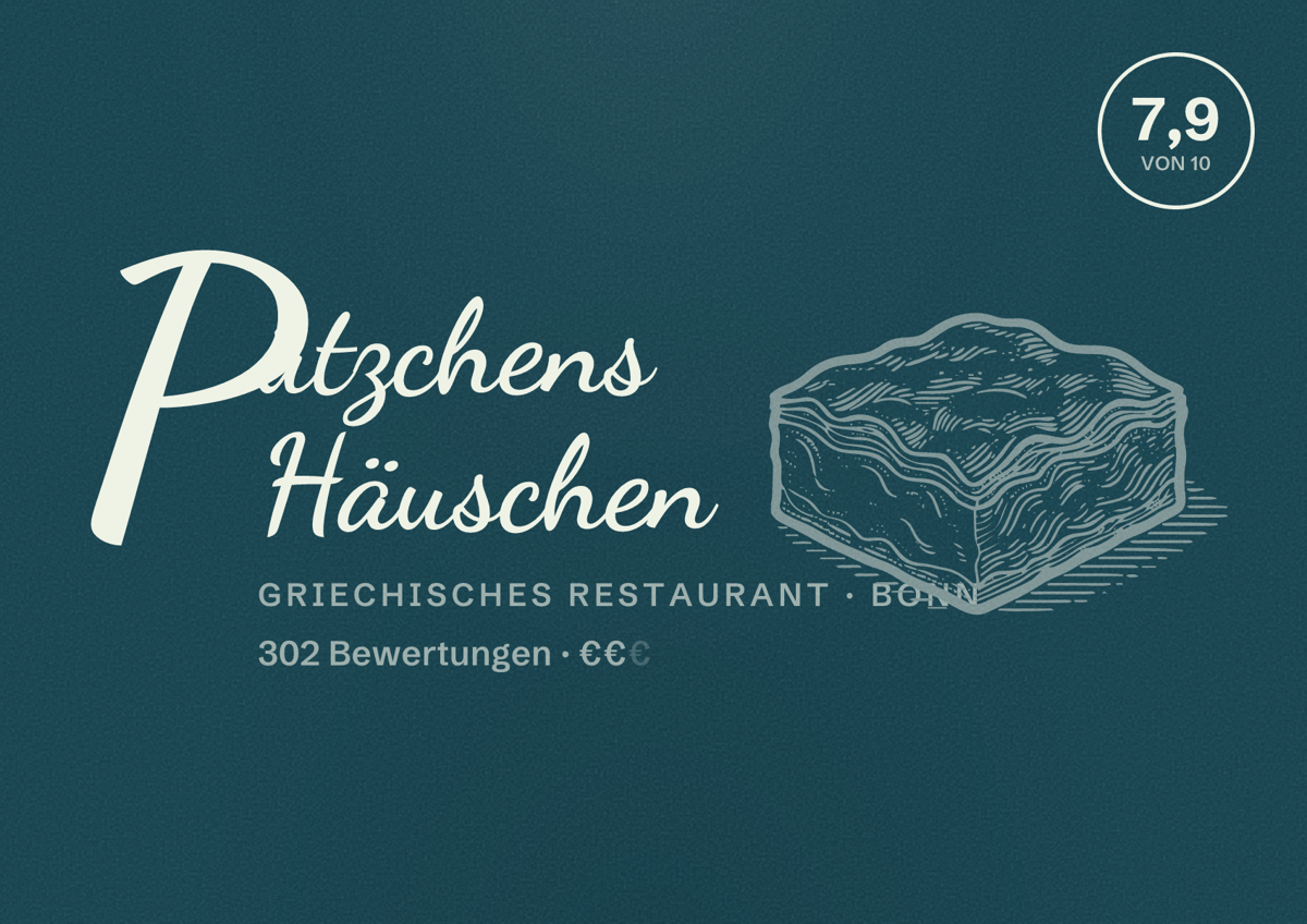 Illustriertes Poster von Pützchens Häuschen, Griechisches Restaurant in Bonn: Bewertung 7,9 von 10 aus 302 Bewertungen, Preisniveau €€