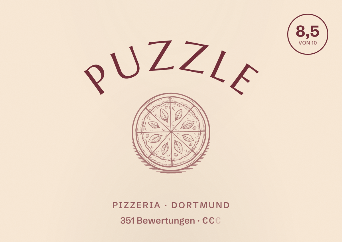Illustriertes Poster von Puzzle, Pizzeria in Dortmund: Bewertung 8,5 von 10 aus 351 Bewertungen, Preisniveau €€
