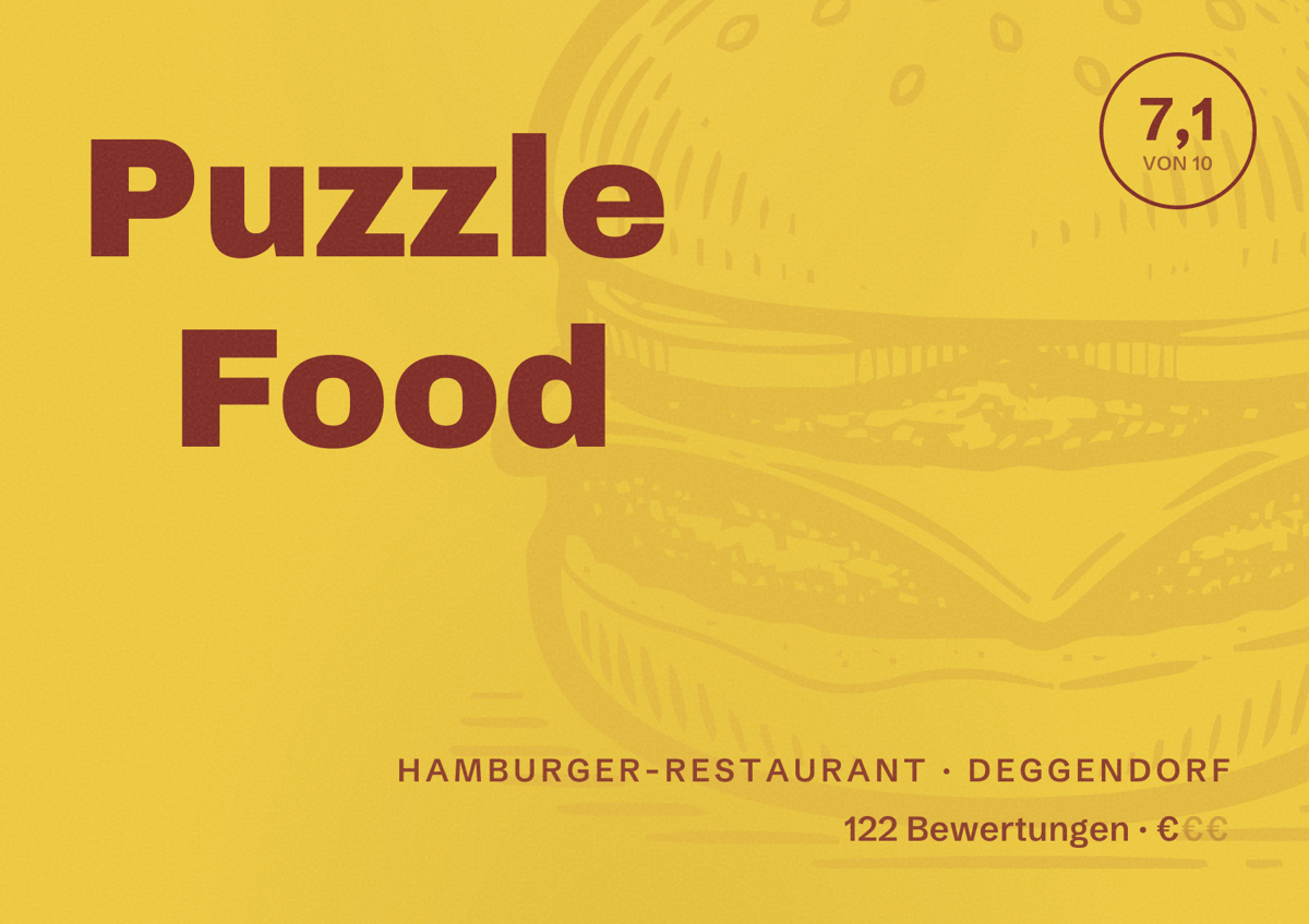 Illustriertes Poster von Puzzle Food, Hamburger-Restaurant in Deggendorf: Bewertung 7,1 von 10 aus 122 Bewertungen, Preisniveau €