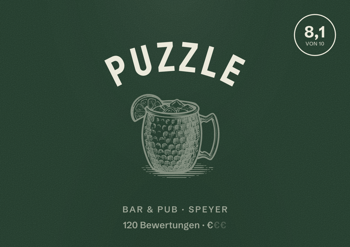 Illustriertes Poster von Puzzle, Bar & Pub in Speyer: Bewertung 8,1 von 10 aus 120 Bewertungen, Preisniveau €