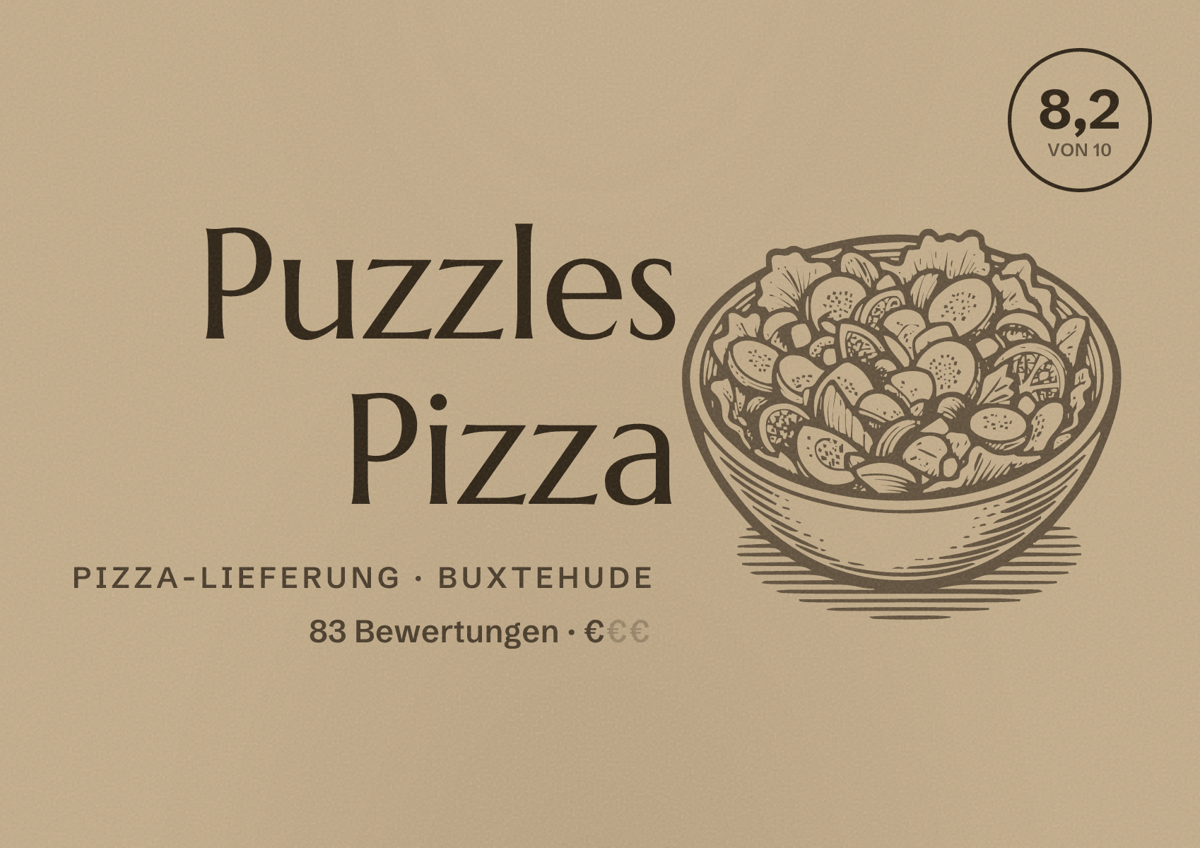 Illustriertes Poster von Puzzles Pizza, Pizza-Lieferung in Buxtehude: Bewertung 8,2 von 10 aus 83 Bewertungen, Preisniveau €
