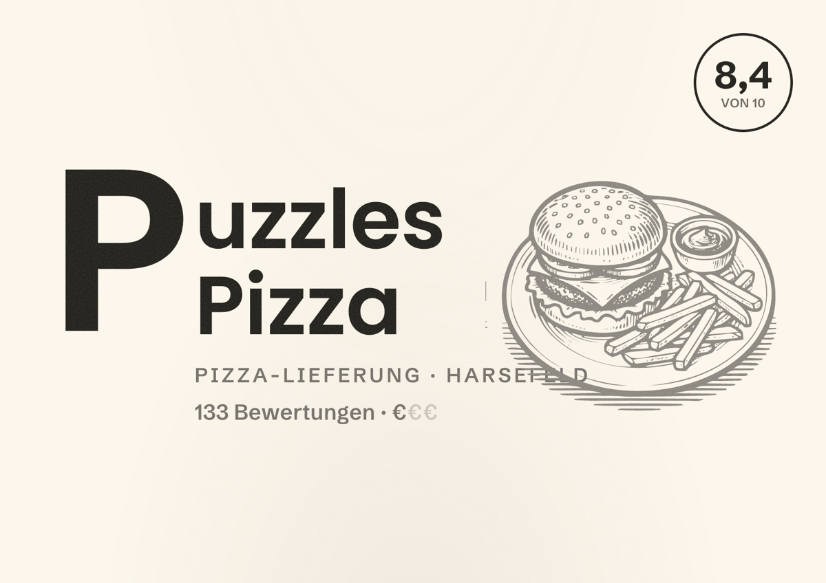Illustriertes Poster von Puzzles Pizza, Pizza-Lieferung in Harsefeld: Bewertung 8,4 von 10 aus 133 Bewertungen, Preisniveau €