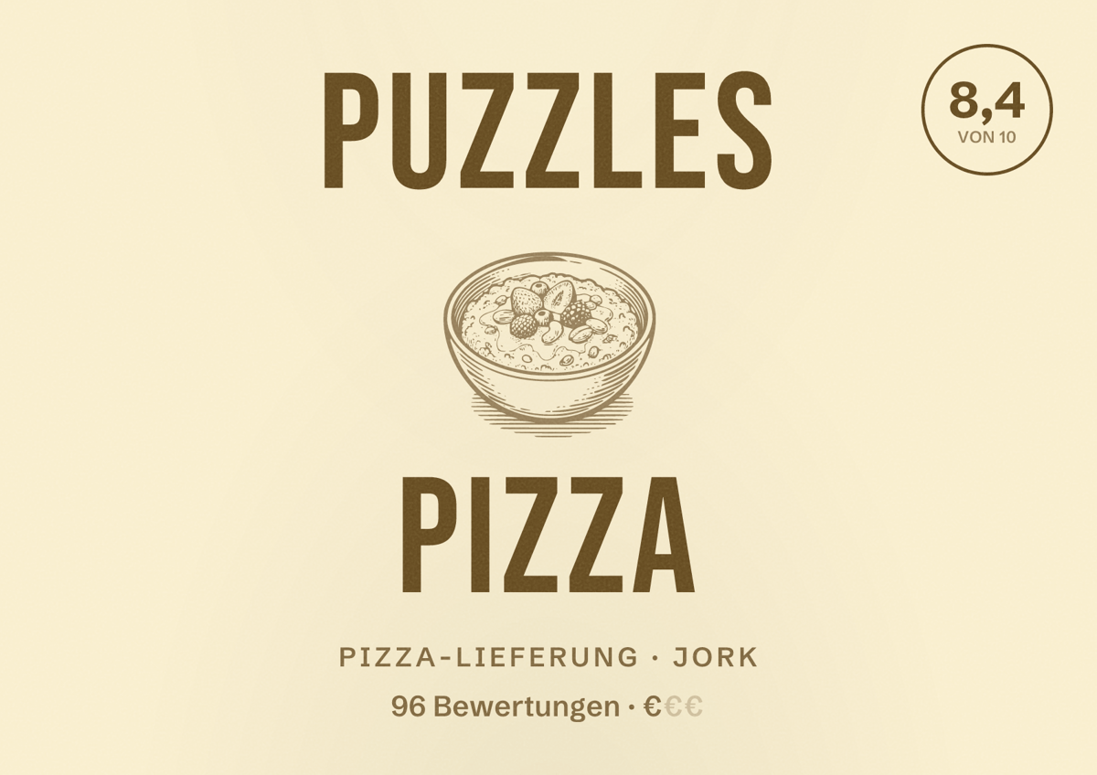 Illustriertes Poster von Puzzles Pizza, Pizza-Lieferung in Jork: Bewertung 8,4 von 10 aus 96 Bewertungen, Preisniveau €
