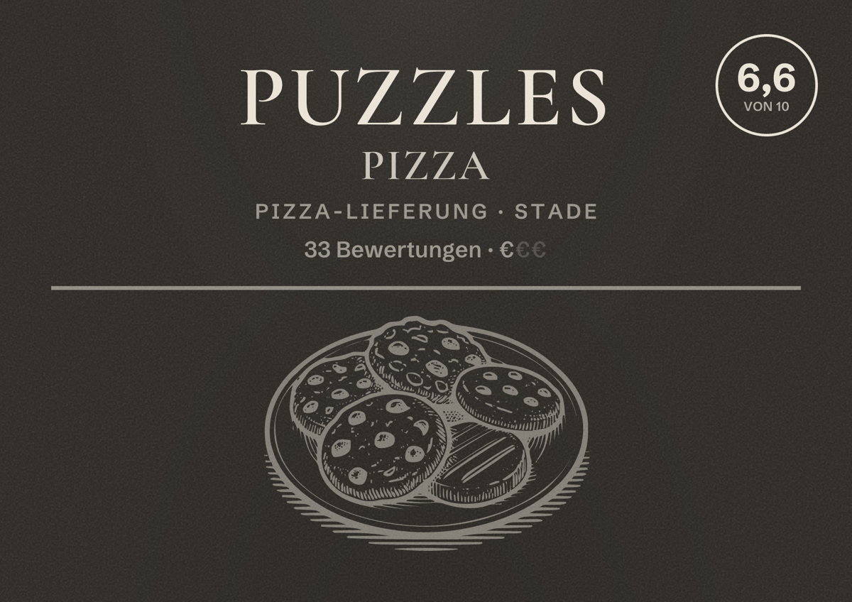 Illustriertes Poster von Puzzles Pizza, Pizza-Lieferung in Stade: Bewertung 6,6 von 10 aus 33 Bewertungen, Preisniveau €