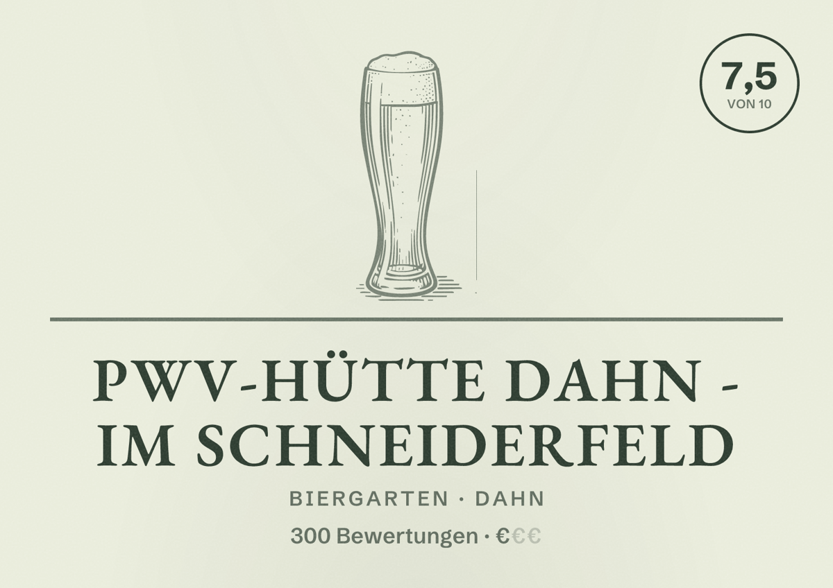 Illustriertes Poster von PWV-Hütte Dahn - Im Schneiderfeld, Biergarten in Dahn: Bewertung 7,5 von 10 aus 300 Bewertungen, Preisniveau €