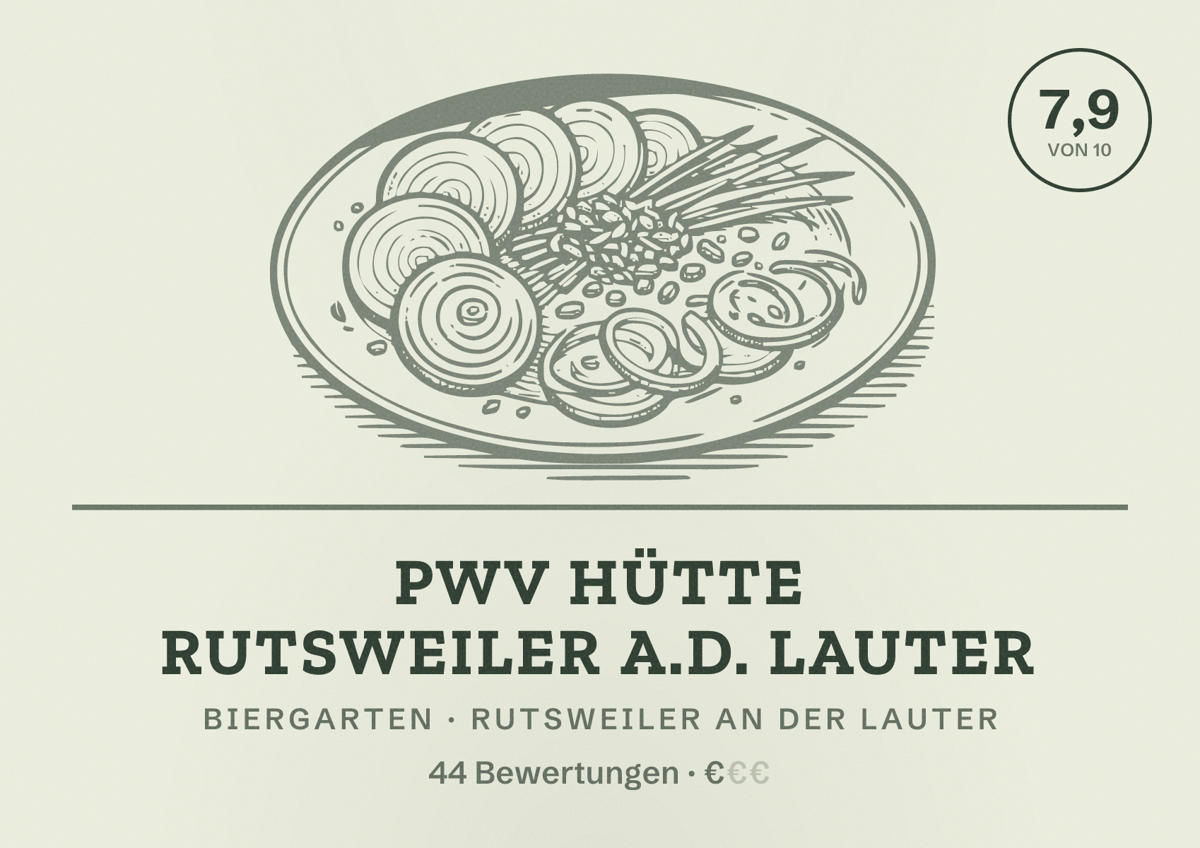 Illustriertes Poster von PWV Hütte Rutsweiler a.d. Lauter, Biergarten in Rutsweiler an der Lauter: Bewertung 7,9 von 10 aus 44 Bewertungen, Preisniveau €