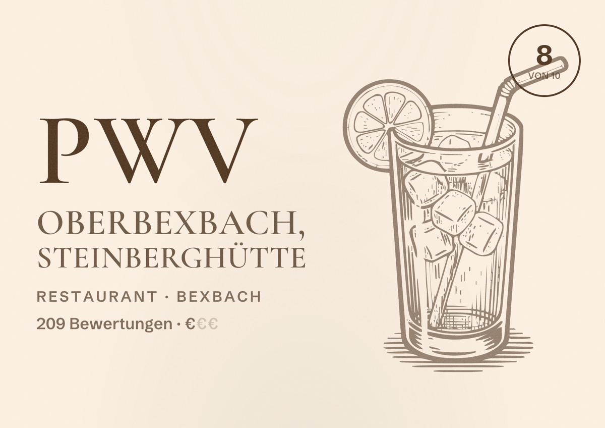 Illustriertes Poster von PWV Oberbexbach, Steinberghütte, Restaurant in Bexbach: Bewertung 8 von 10 aus 209 Bewertungen, Preisniveau €