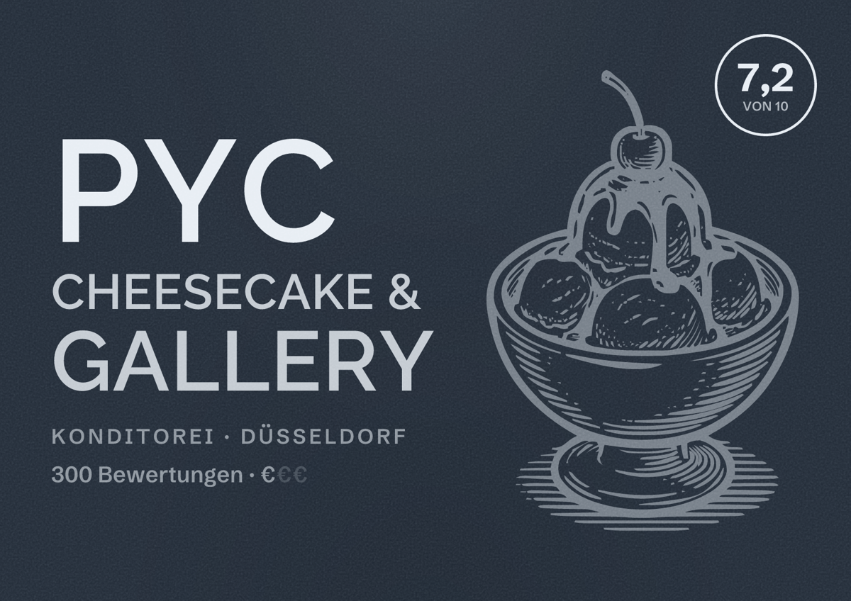 Illustriertes Poster von PYC cheesecake & gallery, Konditorei in Düsseldorf: Bewertung 7,2 von 10 aus 300 Bewertungen, Preisniveau €