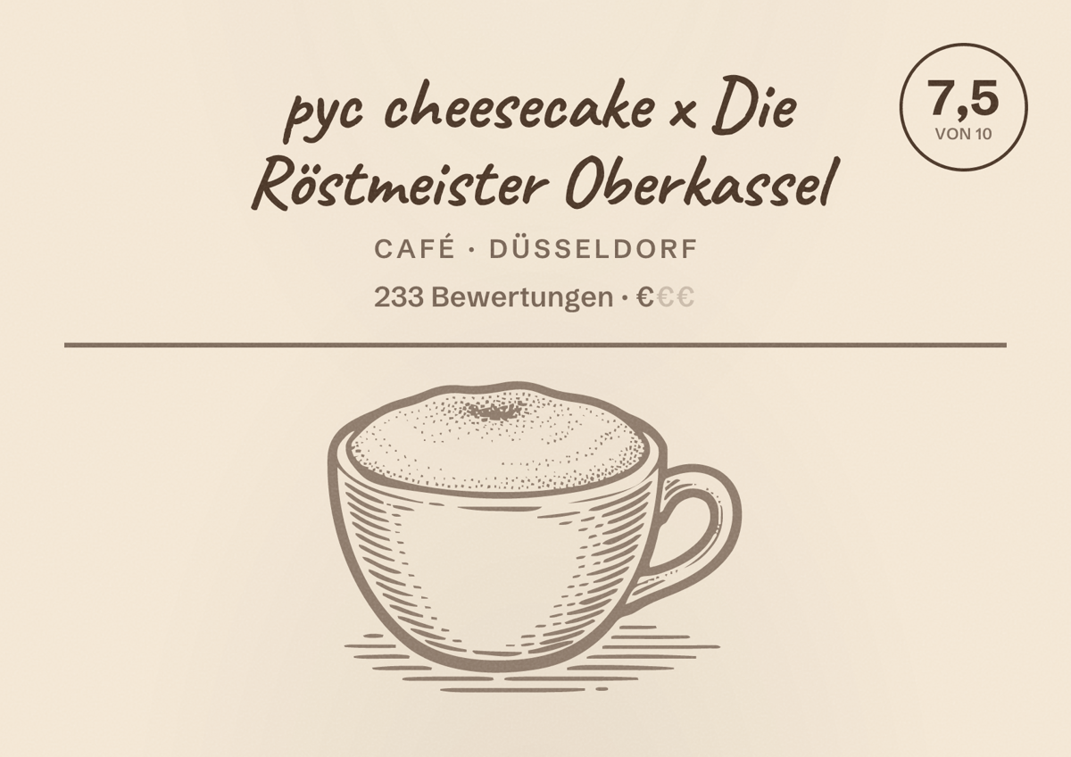 Illustriertes Poster von pyc cheesecake x Die Röstmeister Oberkassel, Café in Düsseldorf: Bewertung 7,5 von 10 aus 233 Bewertungen, Preisniveau €