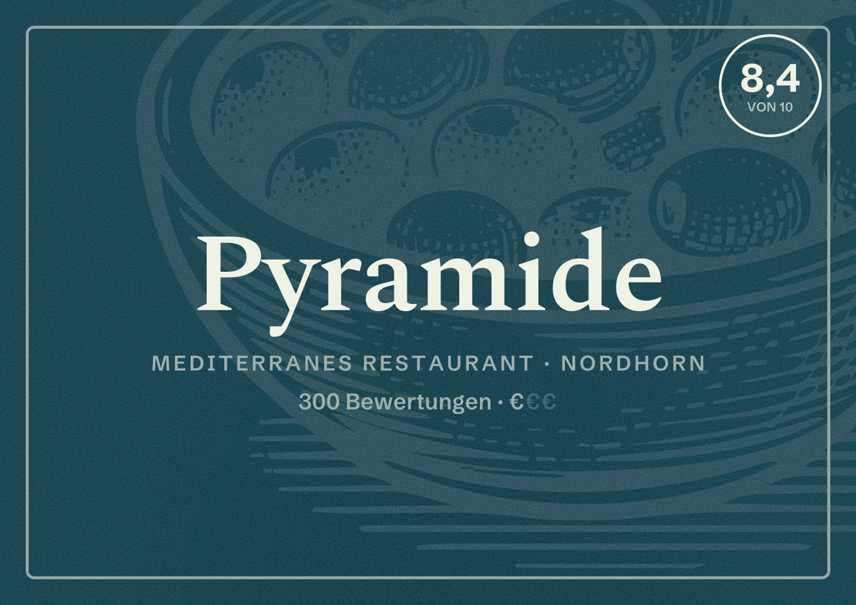Illustriertes Poster von Pyramide, Mediterranes Restaurant in Nordhorn: Bewertung 8,4 von 10 aus 300 Bewertungen, Preisniveau €