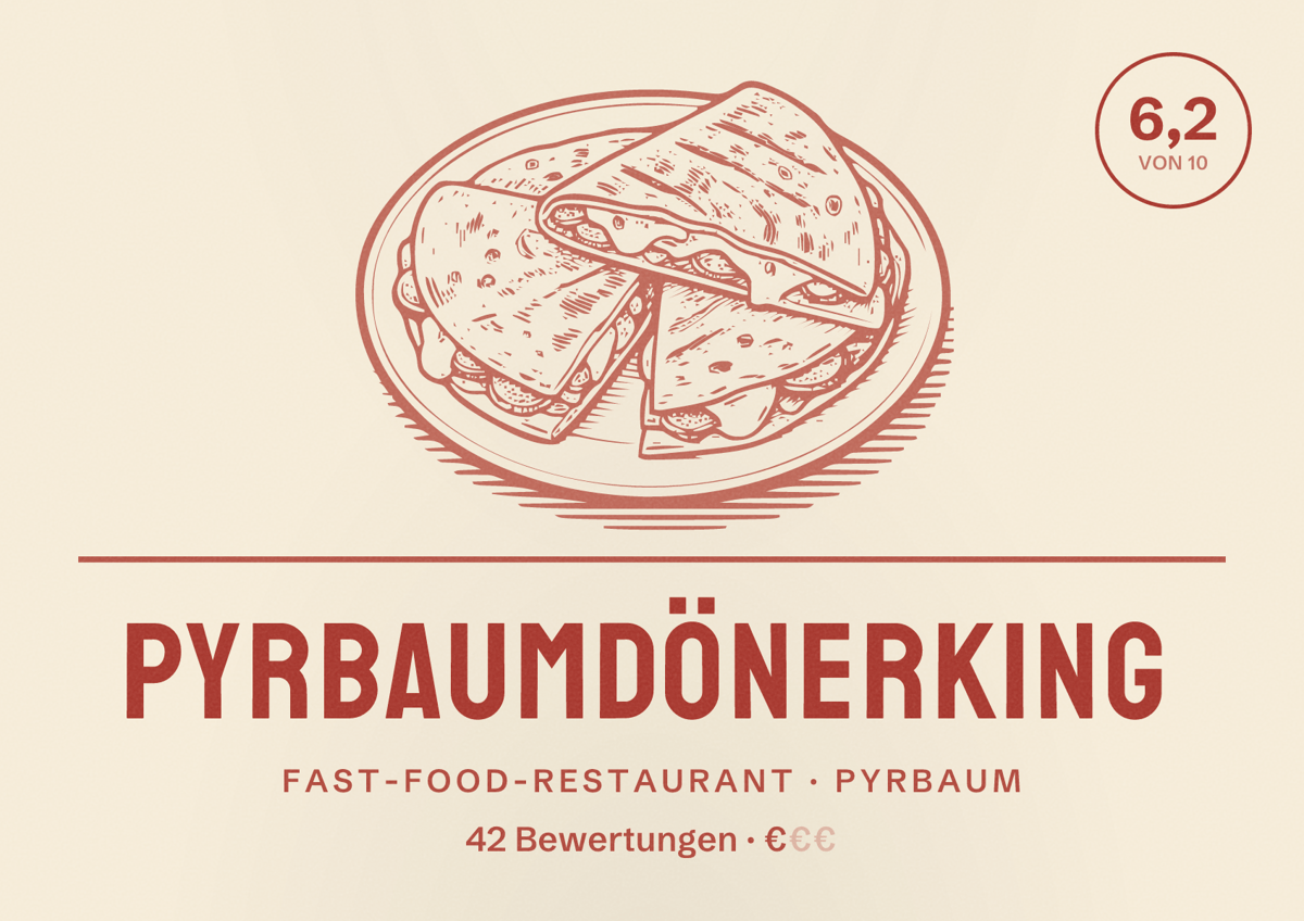Illustriertes Poster von PyrbaumDönerking, Fast-Food-Restaurant in Pyrbaum: Bewertung 6,2 von 10 aus 42 Bewertungen, Preisniveau €