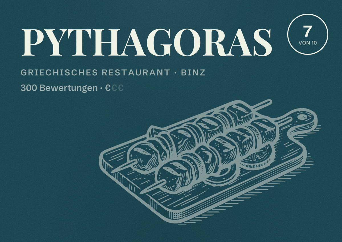 Illustriertes Poster von PYTHAGORAS, Griechisches Restaurant in Binz: Bewertung 7 von 10 aus 300 Bewertungen, Preisniveau €