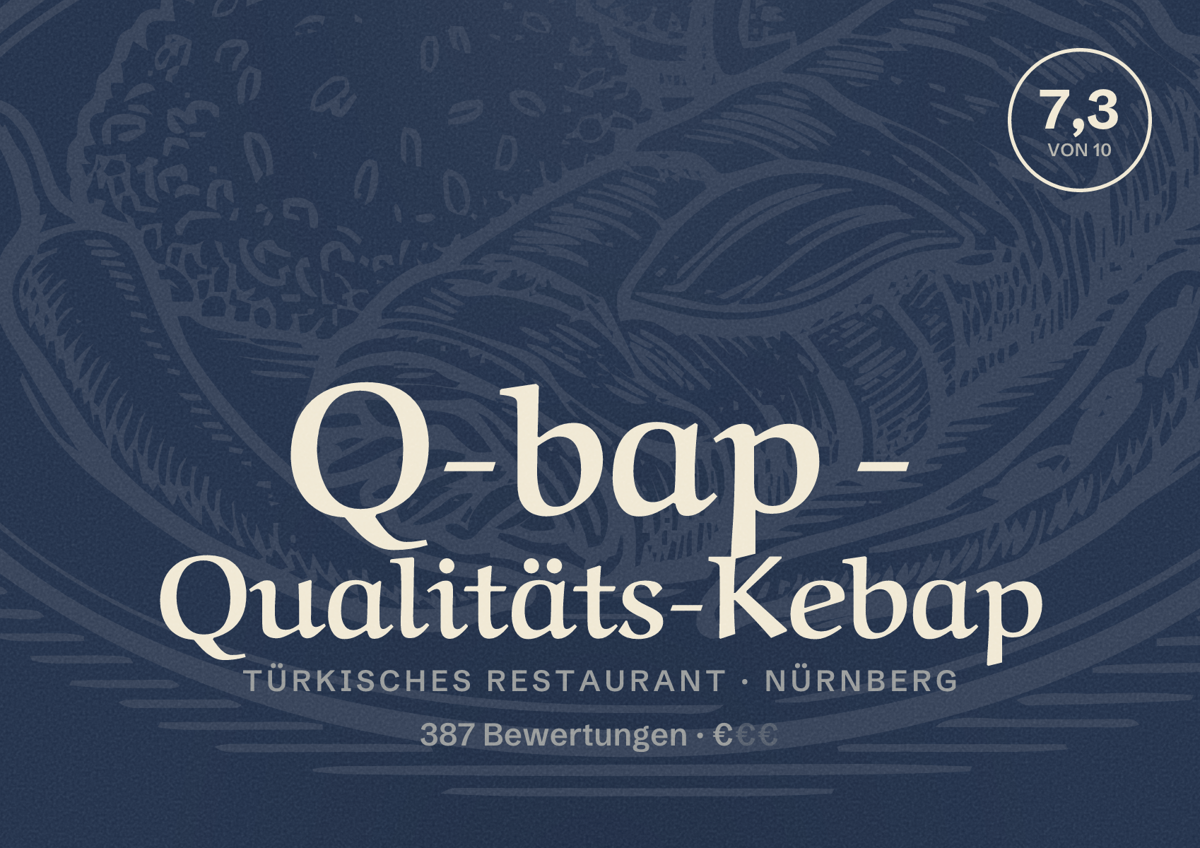 Illustriertes Poster von Q-bap - Qualitäts-Kebap, Türkisches Restaurant in Nürnberg: Bewertung 7,3 von 10 aus 387 Bewertungen, Preisniveau €