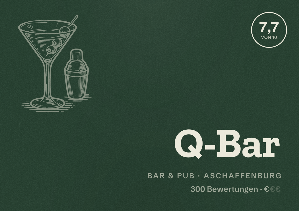 Illustriertes Poster von Q-Bar, Bar & Pub in Aschaffenburg: Bewertung 7,7 von 10 aus 300 Bewertungen, Preisniveau €