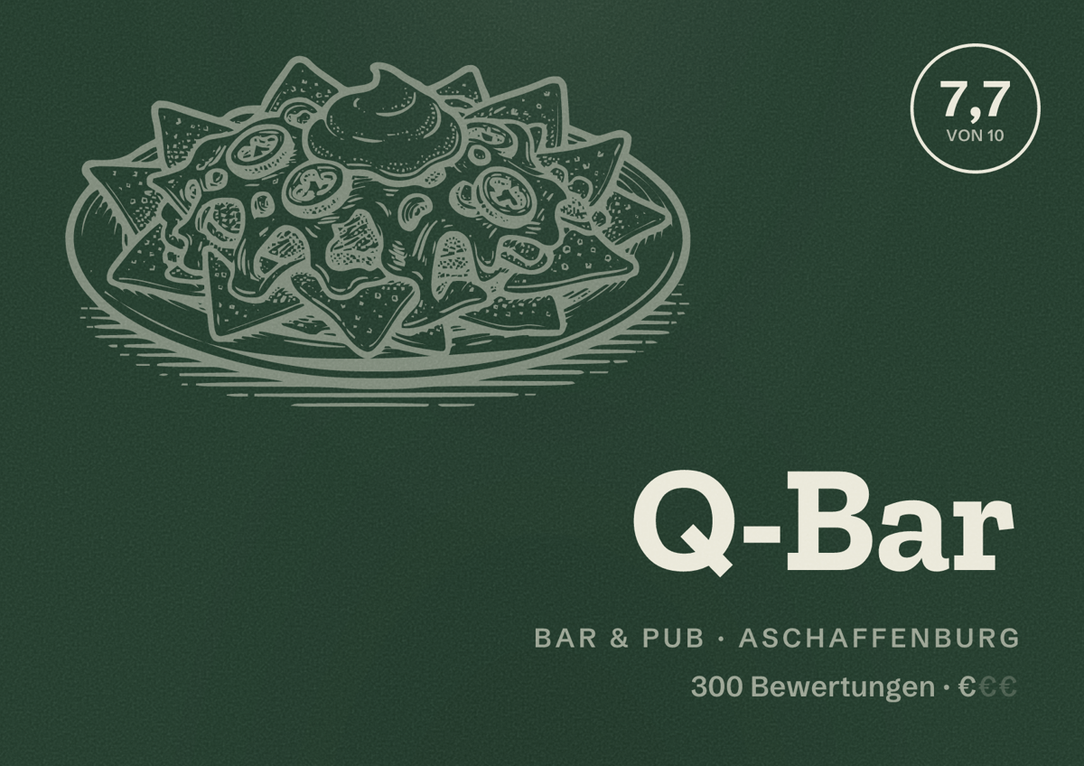 Illustriertes Poster von Q-Bar, Bar & Pub in Aschaffenburg: Bewertung 7,7 von 10 aus 300 Bewertungen, Preisniveau €