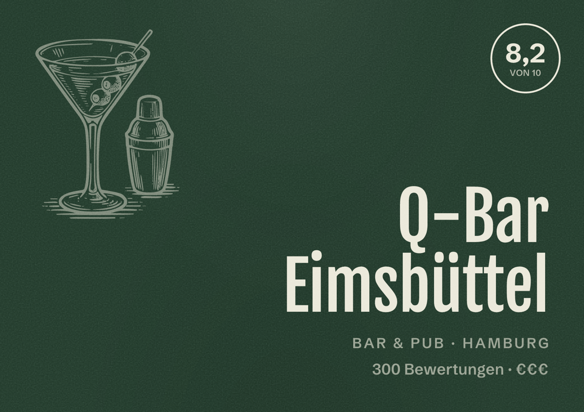 Illustriertes Poster von Q-Bar Eimsbüttel, Bar & Pub in Hamburg: Bewertung 8,2 von 10 aus 300 Bewertungen, Preisniveau €€€