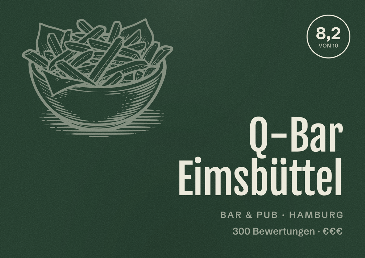 Illustriertes Poster von Q-Bar Eimsbüttel, Bar & Pub in Hamburg: Bewertung 8,2 von 10 aus 300 Bewertungen, Preisniveau €€€