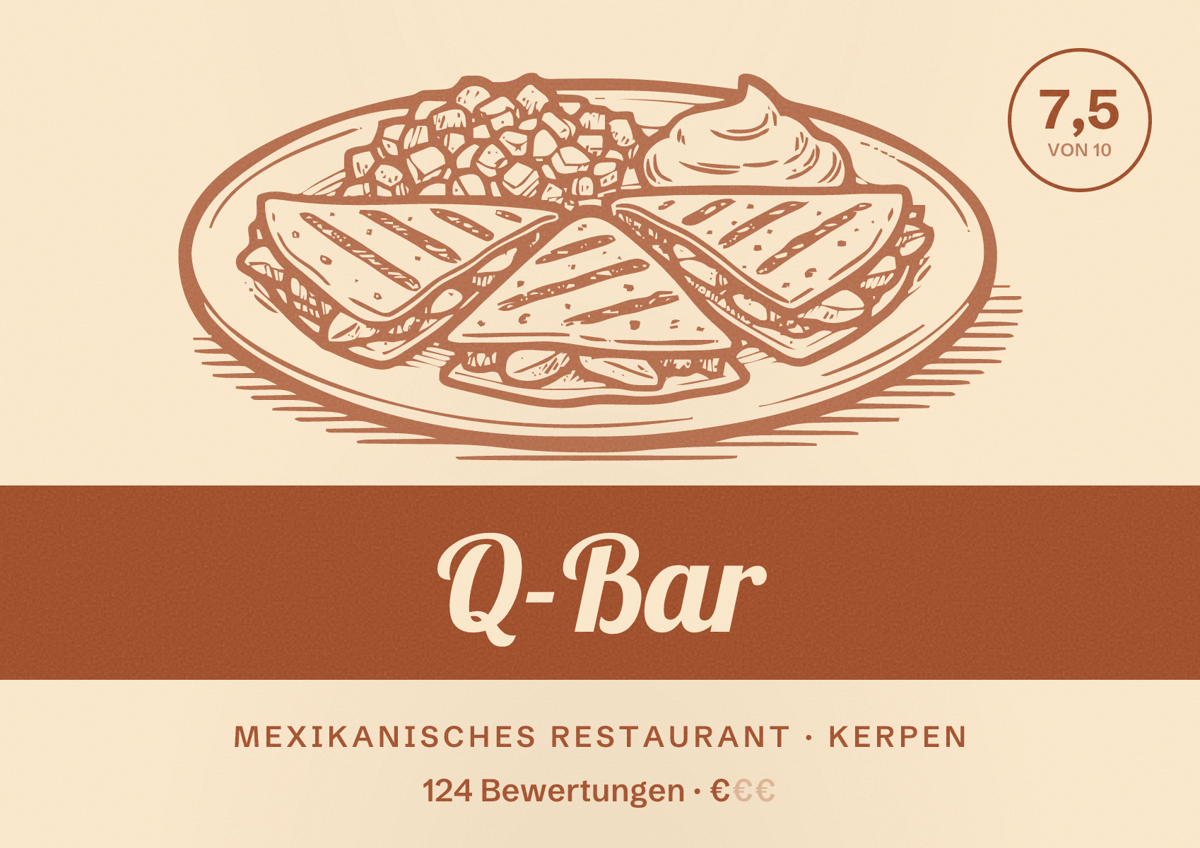 Illustriertes Poster von Q-Bar, Mexikanisches Restaurant in Kerpen: Bewertung 7,5 von 10 aus 124 Bewertungen, Preisniveau €
