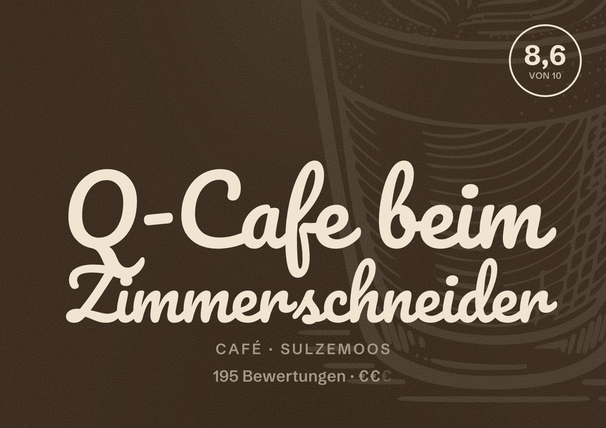 Illustriertes Poster von Q-Cafe beim Zimmerschneider, Café in Sulzemoos: Bewertung 8,6 von 10 aus 195 Bewertungen, Preisniveau €€