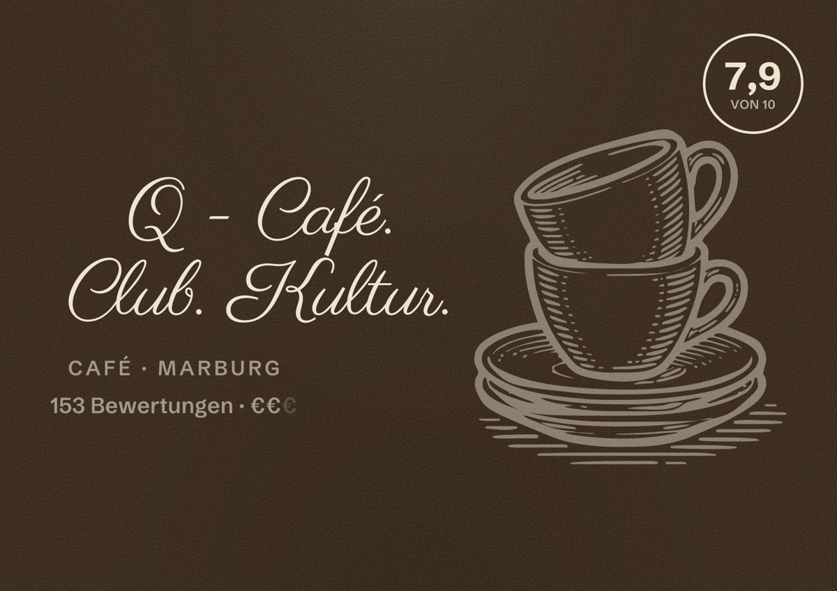 Illustriertes Poster von Q - Café. Club. Kultur., Café in Marburg: Bewertung 7,9 von 10 aus 153 Bewertungen, Preisniveau €€