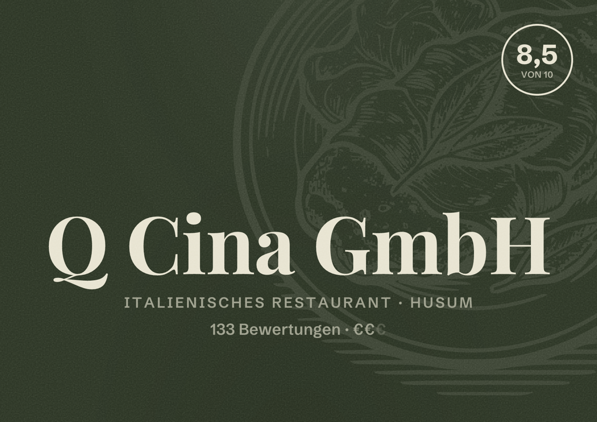 Illustriertes Poster von Q Cina GmbH, Italienisches Restaurant in Husum: Bewertung 8,5 von 10 aus 133 Bewertungen, Preisniveau €€