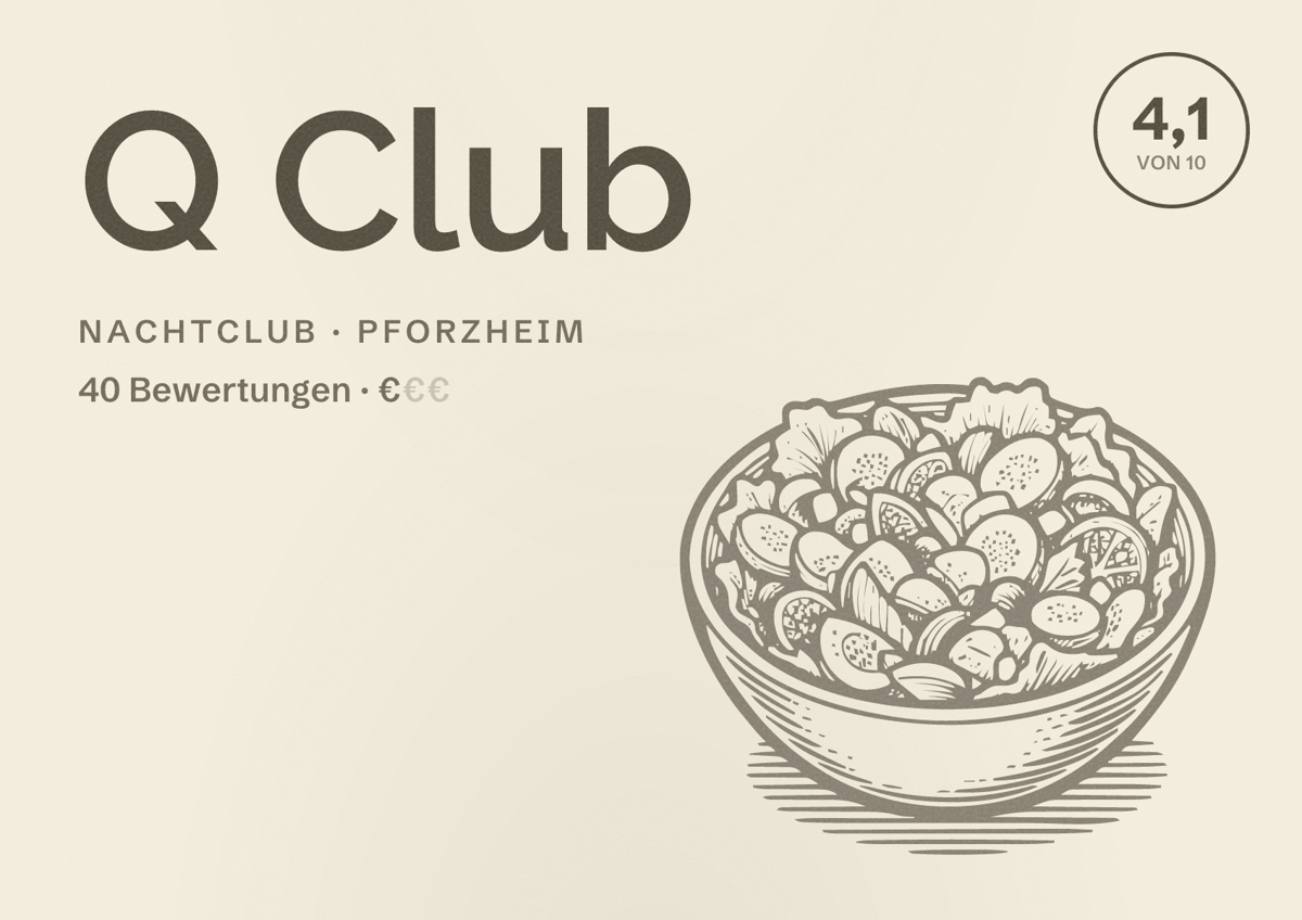 Illustriertes Poster von Q Club, Nachtclub in Pforzheim: Bewertung 4,1 von 10 aus 40 Bewertungen, Preisniveau €