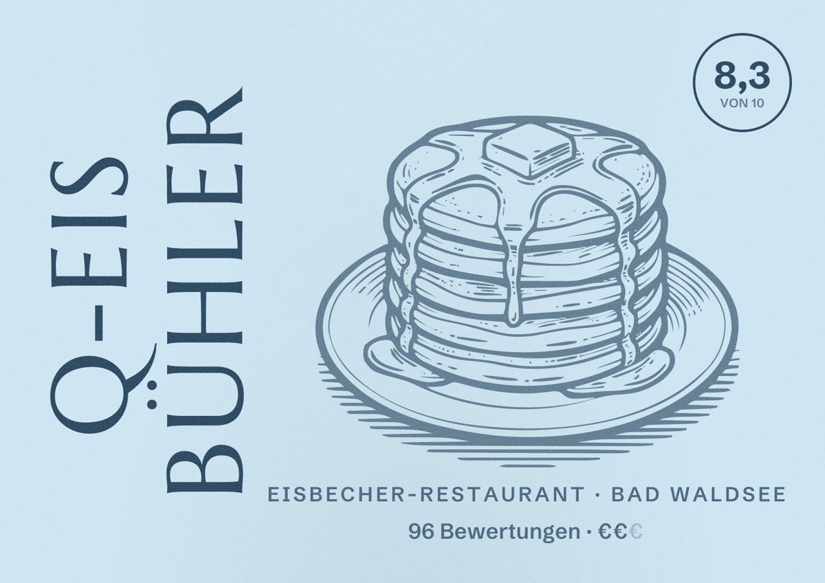 Illustriertes Poster von Q-Eis Bühler, Eisbecher-Restaurant in Bad Waldsee: Bewertung 8,3 von 10 aus 96 Bewertungen, Preisniveau €€
